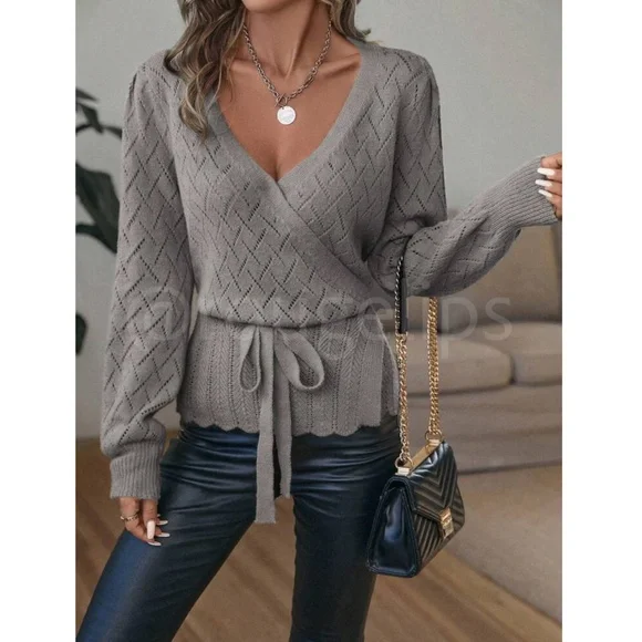 Gray Wrap Cardigan Long Lantern Sleeve Ties - Picture 5 of 8